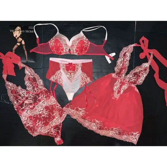 Victoria's Secret 32C,34A,36A BRA SET+garter thong+TEDDY RED white